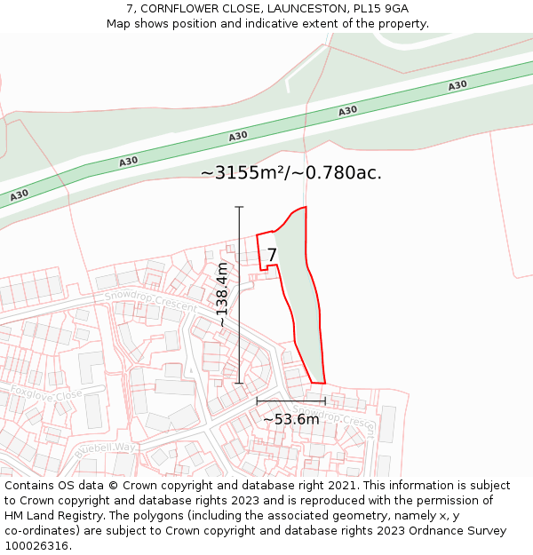 7, CORNFLOWER CLOSE, LAUNCESTON, PL15 9GA: Plot and title map