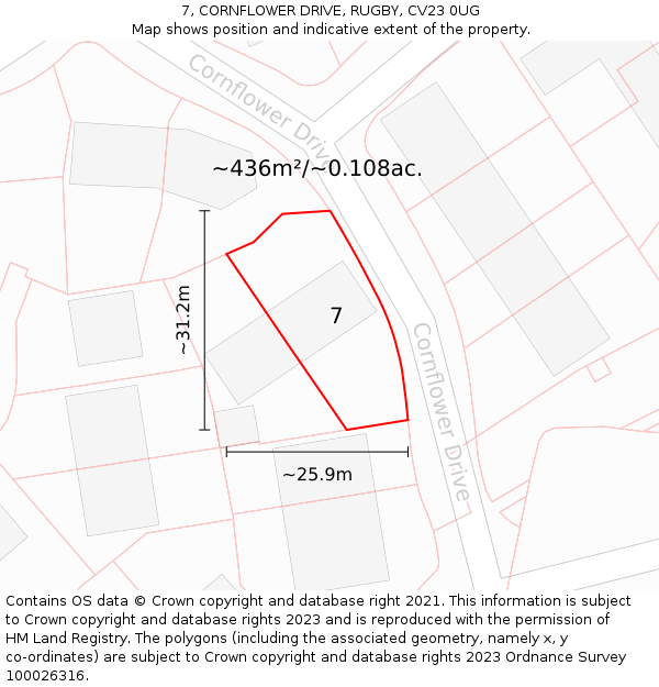 7, CORNFLOWER DRIVE, RUGBY, CV23 0UG: Plot and title map