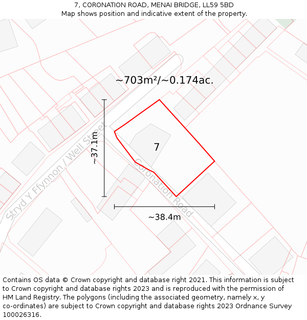 7, CORONATION ROAD, MENAI BRIDGE, LL59 5BD: Plot and title map