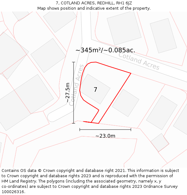 7, COTLAND ACRES, REDHILL, RH1 6JZ: Plot and title map