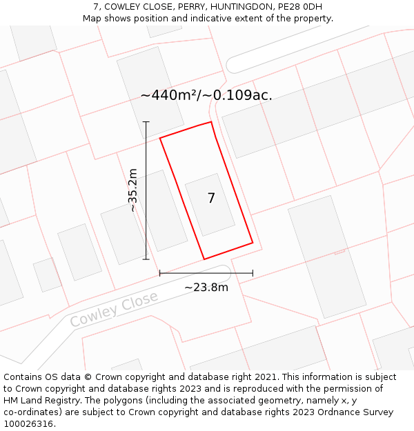7, COWLEY CLOSE, PERRY, HUNTINGDON, PE28 0DH: Plot and title map