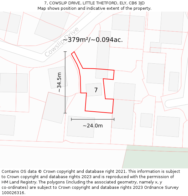 7, COWSLIP DRIVE, LITTLE THETFORD, ELY, CB6 3JD: Plot and title map