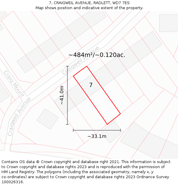 7, CRAIGWEIL AVENUE, RADLETT, WD7 7ES: Plot and title map