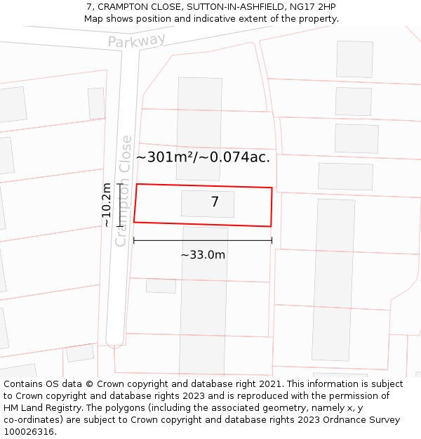 7, CRAMPTON CLOSE, SUTTON-IN-ASHFIELD, NG17 2HP: Plot and title map