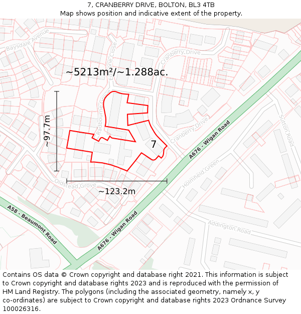 7, CRANBERRY DRIVE, BOLTON, BL3 4TB: Plot and title map
