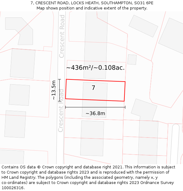 7, CRESCENT ROAD, LOCKS HEATH, SOUTHAMPTON, SO31 6PE: Plot and title map