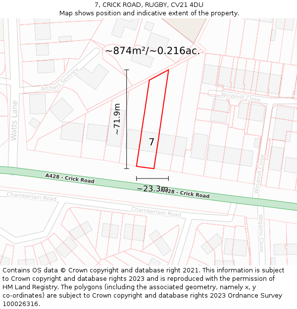 7, CRICK ROAD, RUGBY, CV21 4DU: Plot and title map