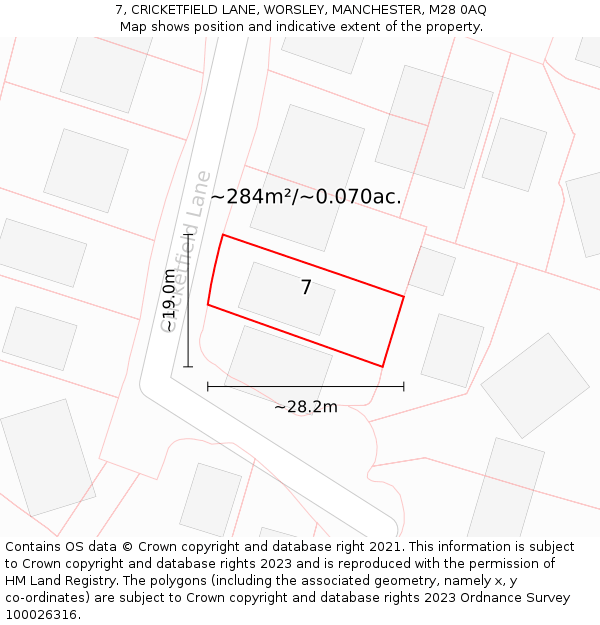 7, CRICKETFIELD LANE, WORSLEY, MANCHESTER, M28 0AQ: Plot and title map