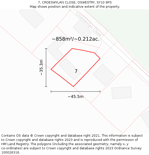 7, CROESWYLAN CLOSE, OSWESTRY, SY10 9PS: Plot and title map