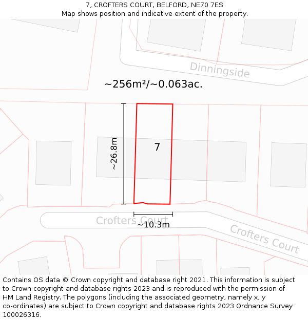 7, CROFTERS COURT, BELFORD, NE70 7ES: Plot and title map