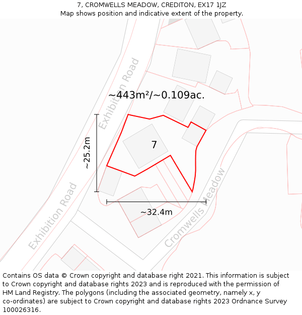 7, CROMWELLS MEADOW, CREDITON, EX17 1JZ: Plot and title map