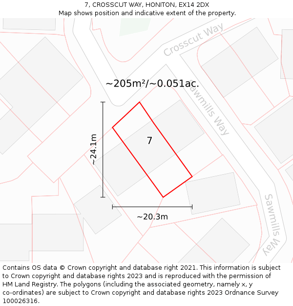 7, CROSSCUT WAY, HONITON, EX14 2DX: Plot and title map