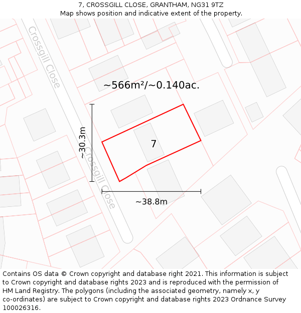 7, CROSSGILL CLOSE, GRANTHAM, NG31 9TZ: Plot and title map