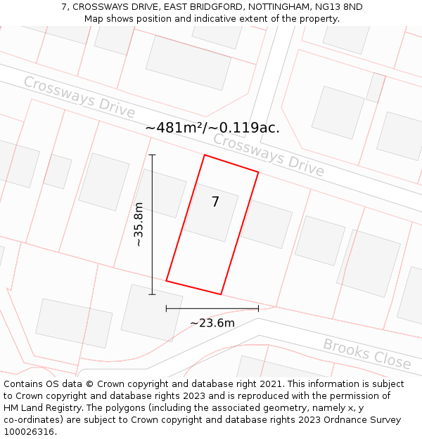 7, CROSSWAYS DRIVE, EAST BRIDGFORD, NOTTINGHAM, NG13 8ND: Plot and title map