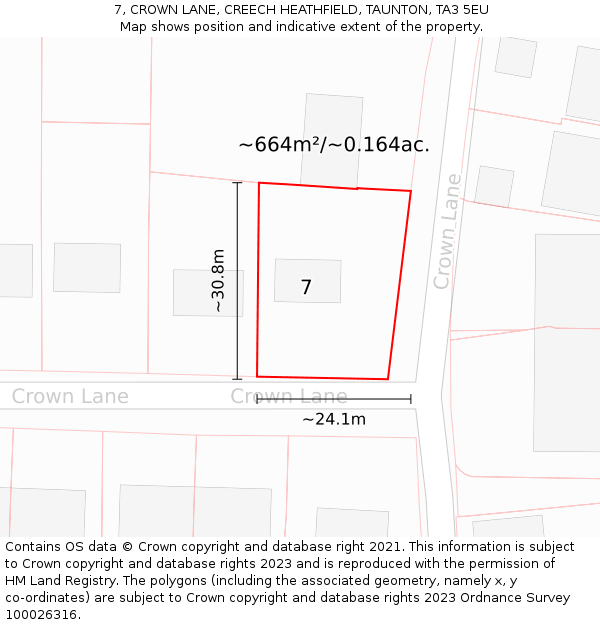 7, CROWN LANE, CREECH HEATHFIELD, TAUNTON, TA3 5EU: Plot and title map