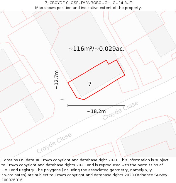 7, CROYDE CLOSE, FARNBOROUGH, GU14 8UE: Plot and title map