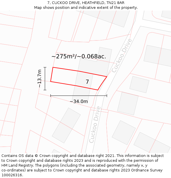 7, CUCKOO DRIVE, HEATHFIELD, TN21 8AR: Plot and title map