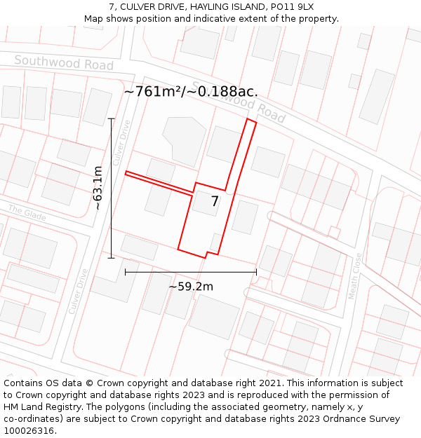 7, CULVER DRIVE, HAYLING ISLAND, PO11 9LX: Plot and title map