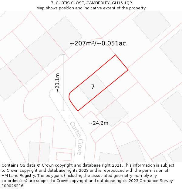 7, CURTIS CLOSE, CAMBERLEY, GU15 1QP: Plot and title map