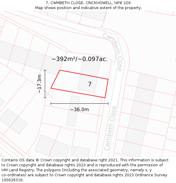 7, CWMBETH CLOSE, CRICKHOWELL, NP8 1DX: Plot and title map