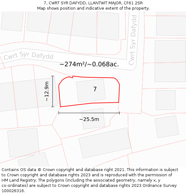 7, CWRT SYR DAFYDD, LLANTWIT MAJOR, CF61 2SR: Plot and title map