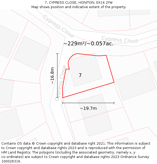 7, CYPRESS CLOSE, HONITON, EX14 2YW: Plot and title map