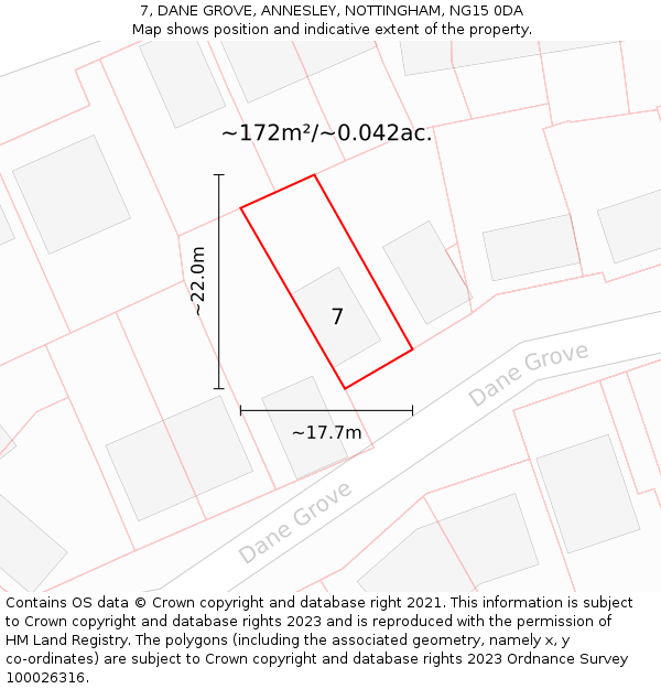 7, DANE GROVE, ANNESLEY, NOTTINGHAM, NG15 0DA: Plot and title map