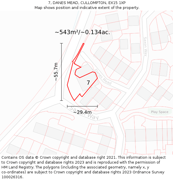 7, DANES MEAD, CULLOMPTON, EX15 1XP: Plot and title map