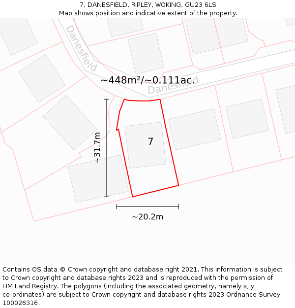 7, DANESFIELD, RIPLEY, WOKING, GU23 6LS: Plot and title map