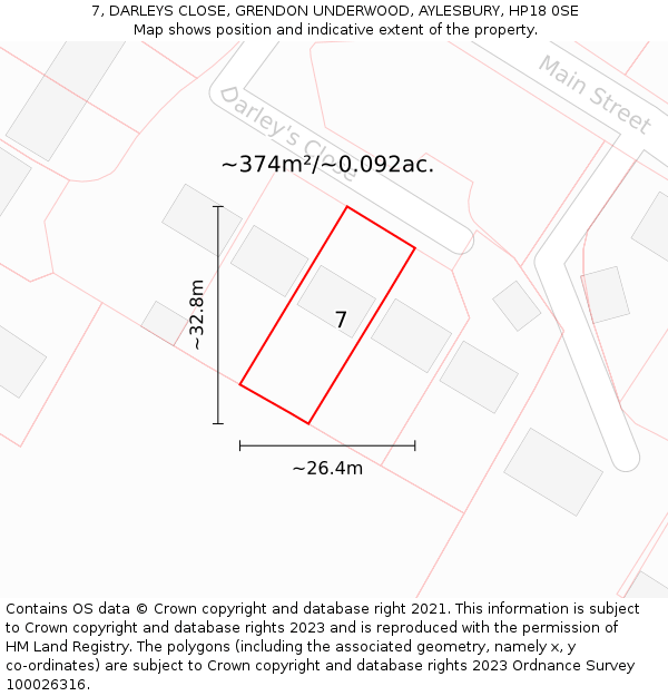 7, DARLEYS CLOSE, GRENDON UNDERWOOD, AYLESBURY, HP18 0SE: Plot and title map