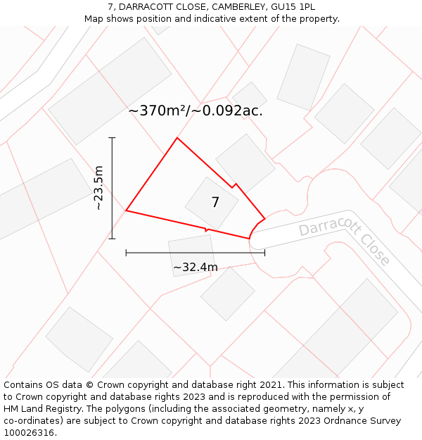 7, DARRACOTT CLOSE, CAMBERLEY, GU15 1PL: Plot and title map