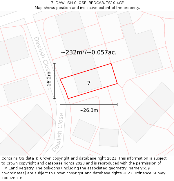 7, DAWLISH CLOSE, REDCAR, TS10 4GF: Plot and title map