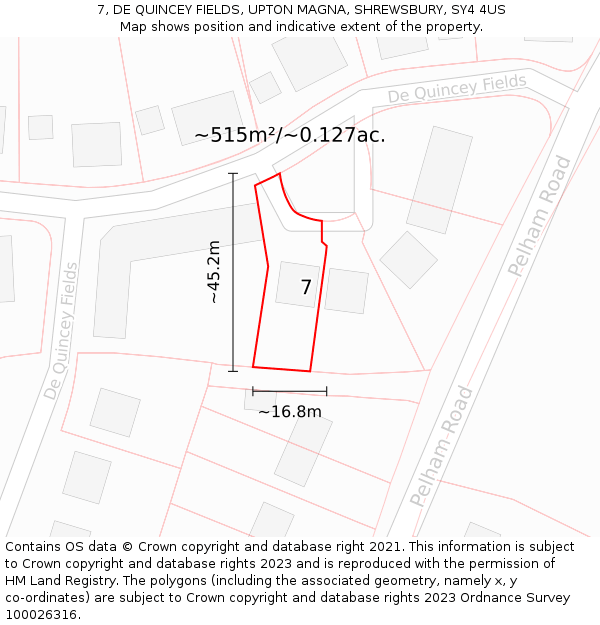 7, DE QUINCEY FIELDS, UPTON MAGNA, SHREWSBURY, SY4 4US: Plot and title map