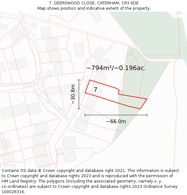 7, DEERSWOOD CLOSE, CATERHAM, CR3 6DE: Plot and title map