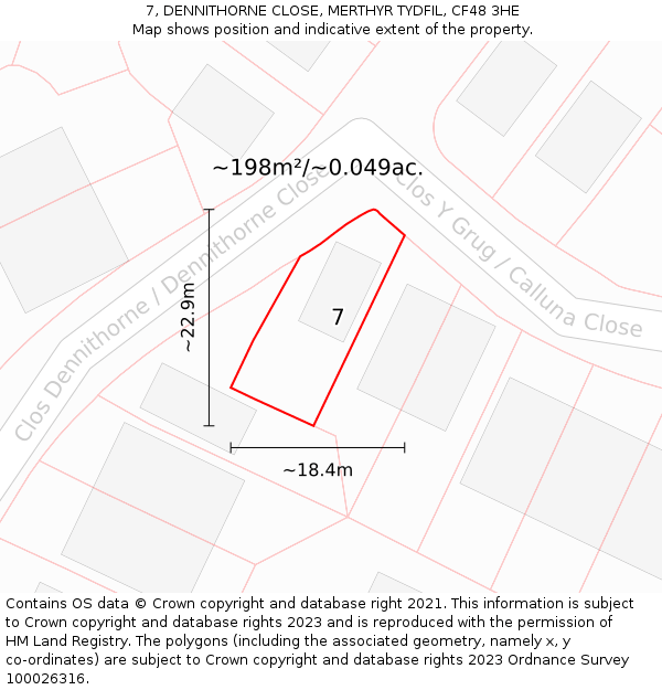 7, DENNITHORNE CLOSE, MERTHYR TYDFIL, CF48 3HE: Plot and title map