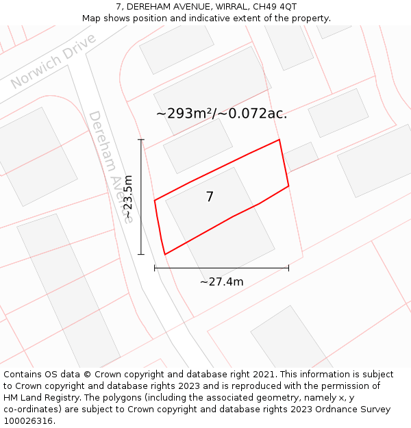 7, DEREHAM AVENUE, WIRRAL, CH49 4QT: Plot and title map