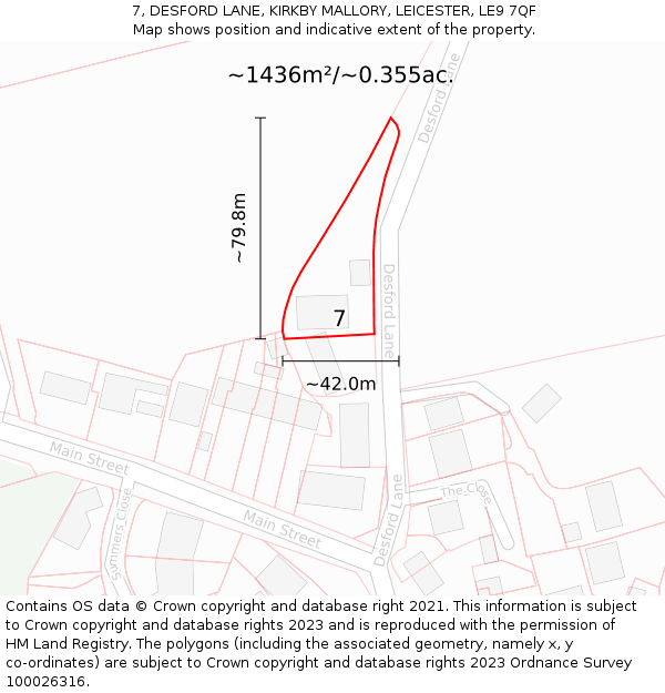 7, DESFORD LANE, KIRKBY MALLORY, LEICESTER, LE9 7QF: Plot and title map