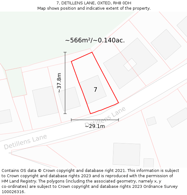 7, DETILLENS LANE, OXTED, RH8 0DH: Plot and title map