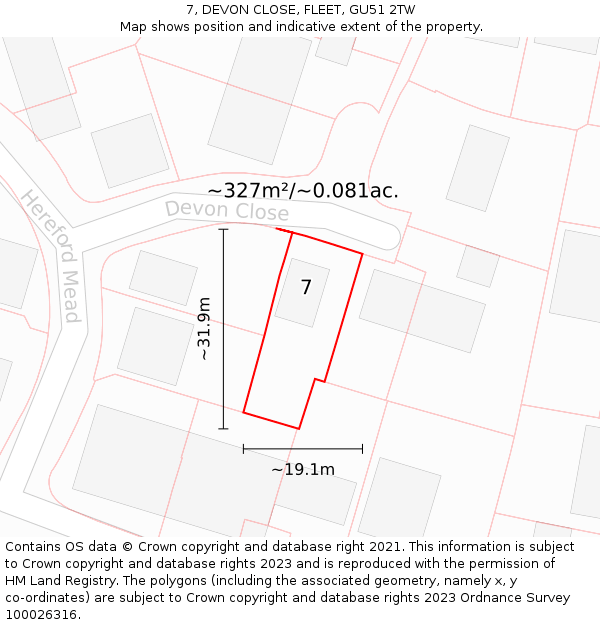 7, DEVON CLOSE, FLEET, GU51 2TW: Plot and title map