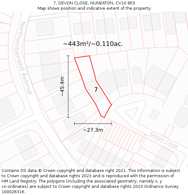 7, DEVON CLOSE, NUNEATON, CV10 8ES: Plot and title map