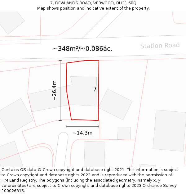 7, DEWLANDS ROAD, VERWOOD, BH31 6PQ: Plot and title map