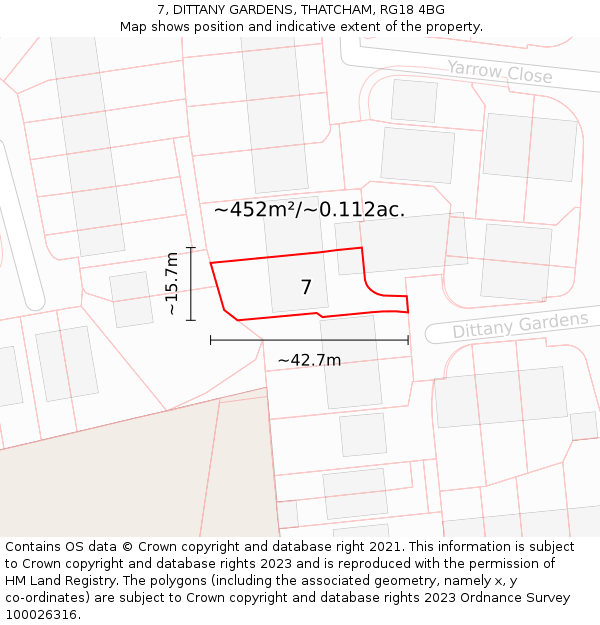 7, DITTANY GARDENS, THATCHAM, RG18 4BG: Plot and title map