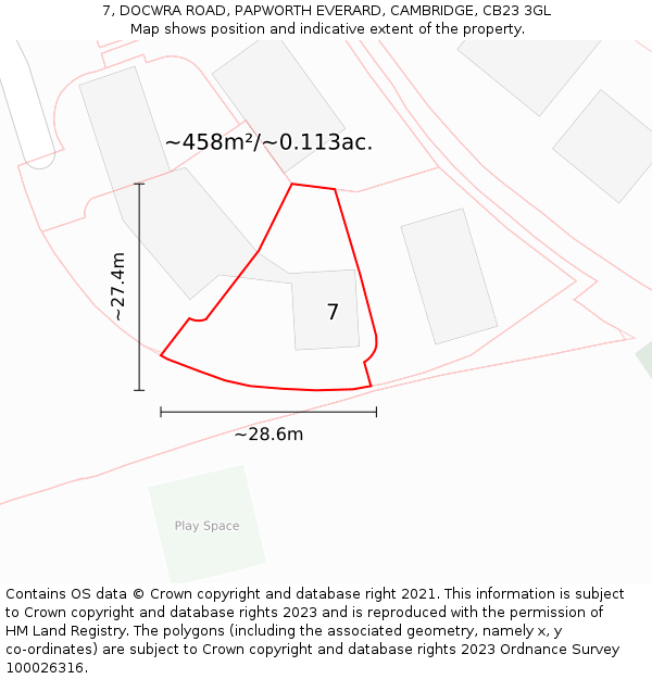 7, DOCWRA ROAD, PAPWORTH EVERARD, CAMBRIDGE, CB23 3GL: Plot and title map