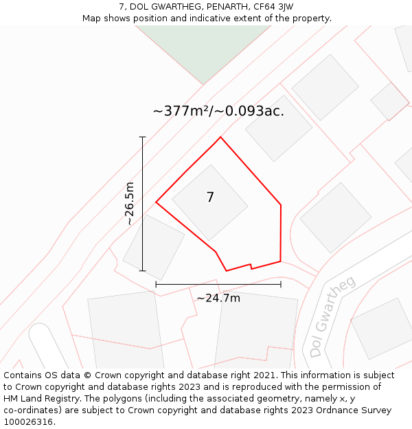 7, DOL GWARTHEG, PENARTH, CF64 3JW: Plot and title map