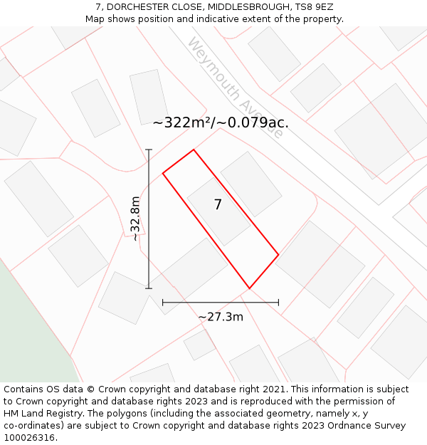 7, DORCHESTER CLOSE, MIDDLESBROUGH, TS8 9EZ: Plot and title map