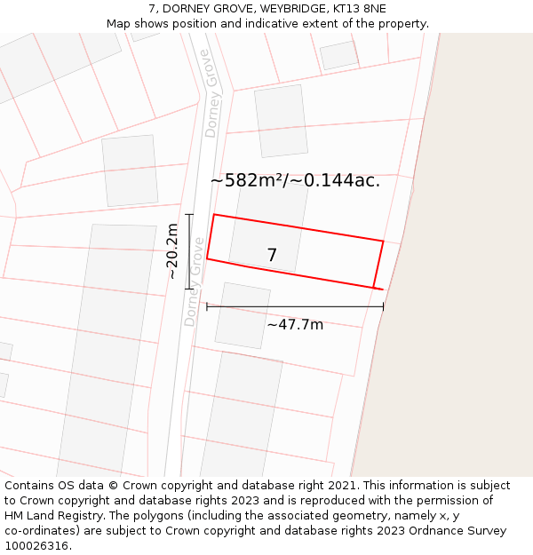 7, DORNEY GROVE, WEYBRIDGE, KT13 8NE: Plot and title map