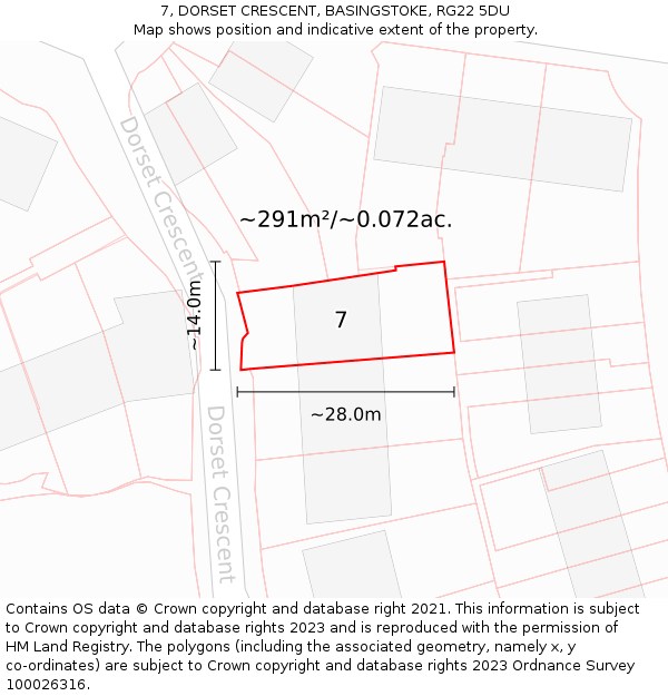 7, DORSET CRESCENT, BASINGSTOKE, RG22 5DU: Plot and title map