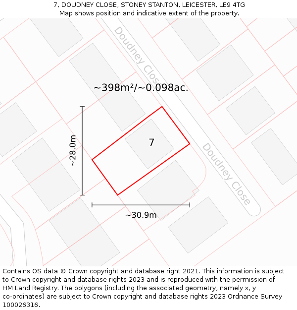 7, DOUDNEY CLOSE, STONEY STANTON, LEICESTER, LE9 4TG: Plot and title map