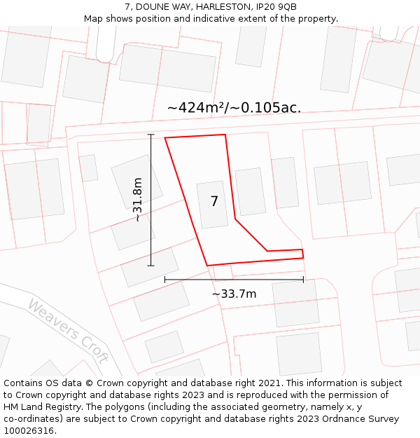 7, DOUNE WAY, HARLESTON, IP20 9QB: Plot and title map