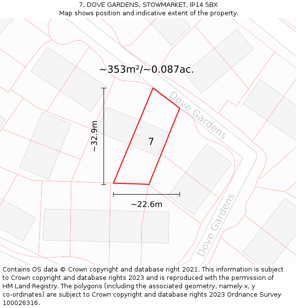 7, DOVE GARDENS, STOWMARKET, IP14 5BX: Plot and title map